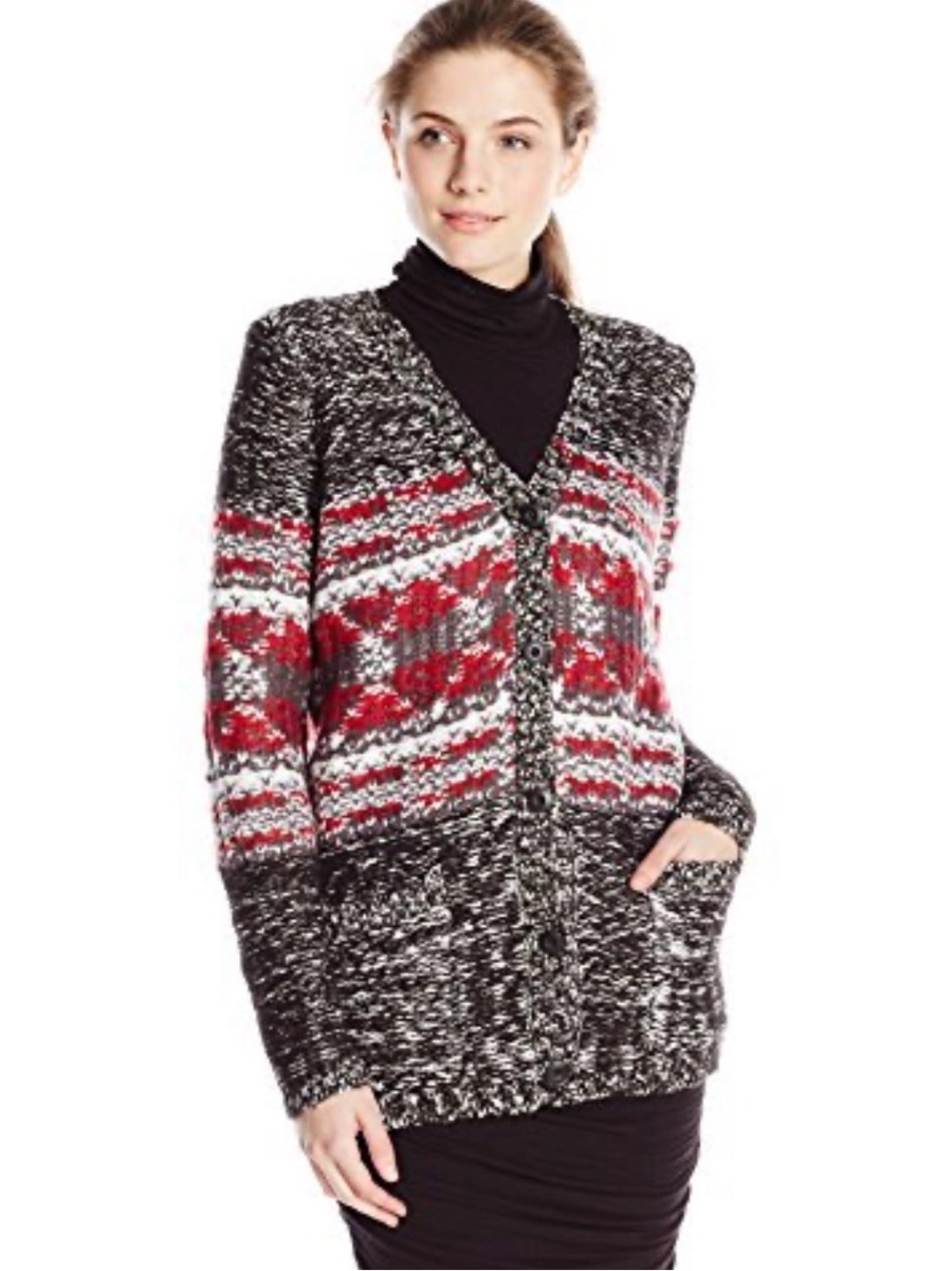 Olive & Oak Cardigan Sweater Cozy Red/ Black Marled V‑Neck Cardigan Sweater